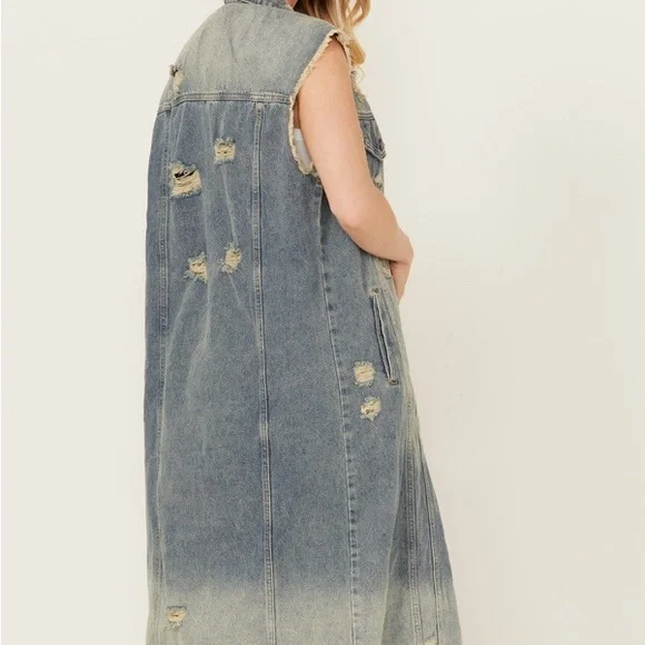 VEVERET Long Distressed Denim Vest Duster Chic Jean Jacket Blue Sz L - Picture 8 of 9